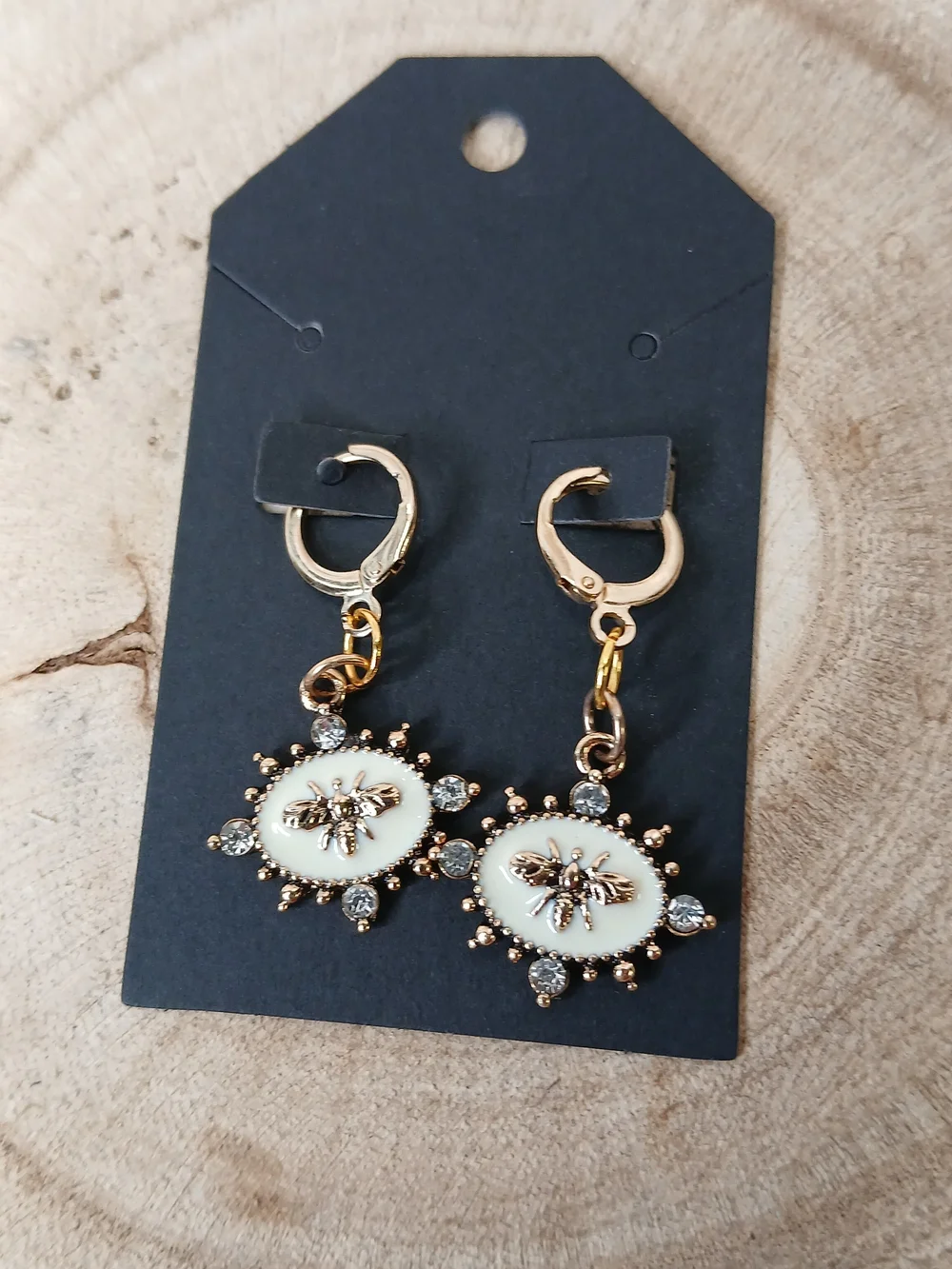 Gold Bee Medallion Drop Earrings in Cream and Gold